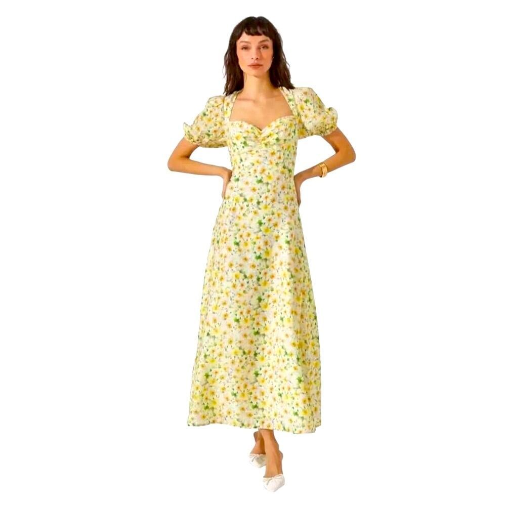 NWT ASTR THE LABEL YELLOW FLORAL COTTAGE CORE PUFF SLEEVE MIDI‎ DRESS WOMENS M